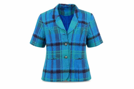 Front view of New Fast women’s blue check linen blend suit jacket, size UK 10, short sleeve