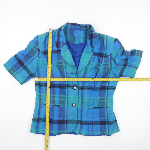 New Fast Womens Blue Check Linen Blend Suit Jacket Size 10 Short Sleeve