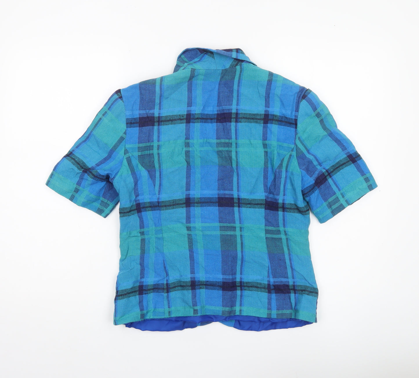 New Fast Womens Blue Check Linen Blend Suit Jacket Size 10 Short Sleeve