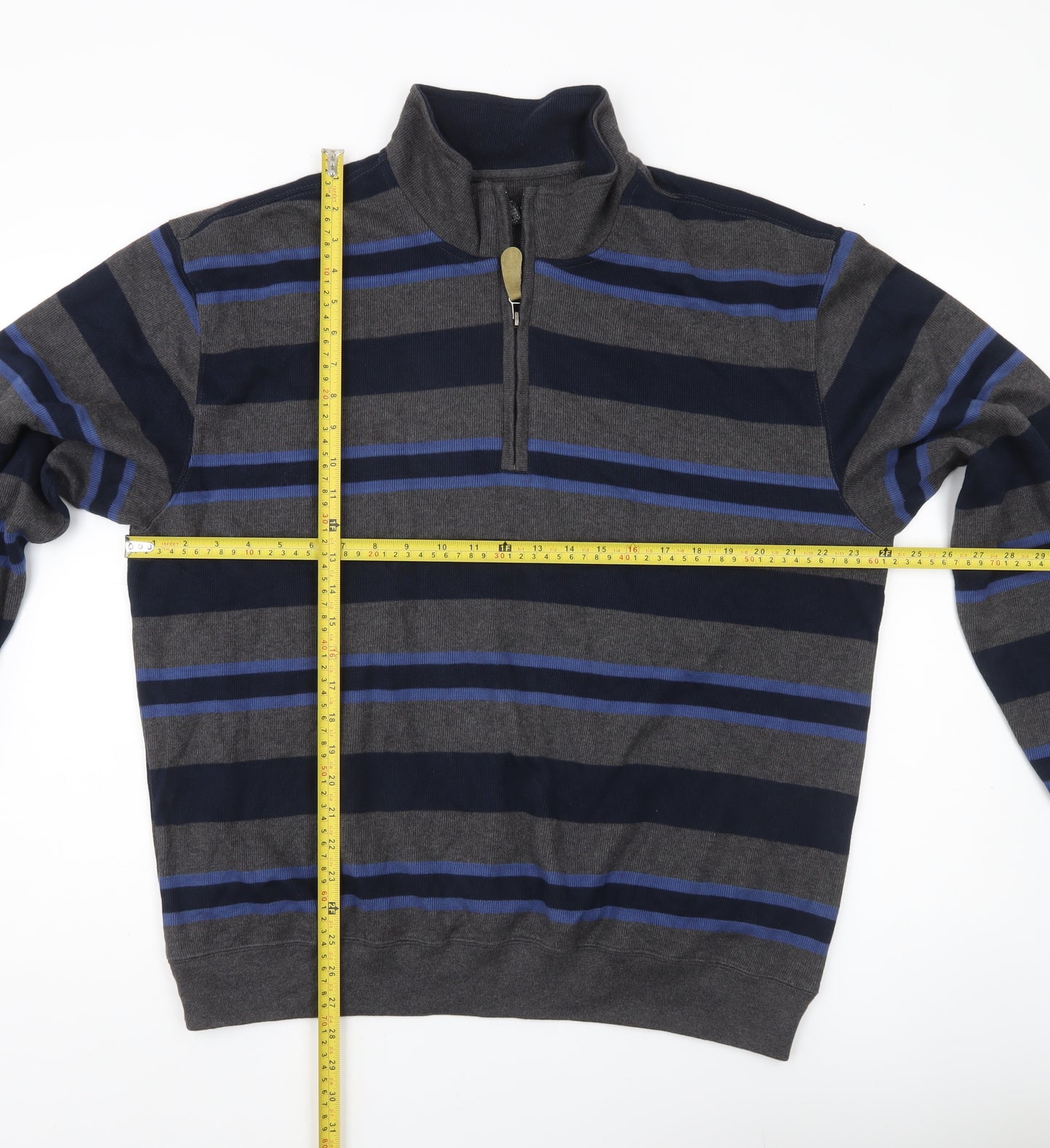Van Heusen Men’s Grey Blue Striped 1/4 Zip Cotton Sweatshirt XL