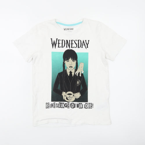 Wednesday Girls White Graphic T-Shirt 11-12 Years Gothic Casual Tee