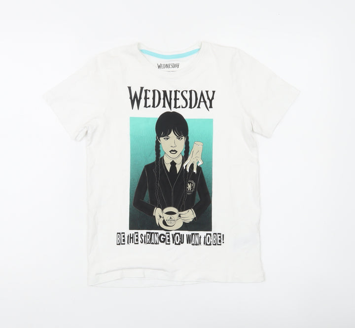 Wednesday Girls White Graphic T-Shirt 11-12 Years Gothic Casual Tee
