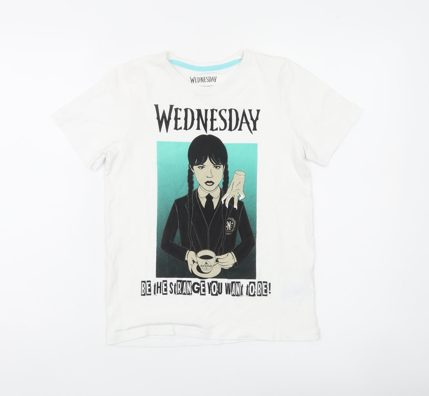 Wednesday Girls White Graphic T-Shirt 11-12 Years Gothic Casual Tee