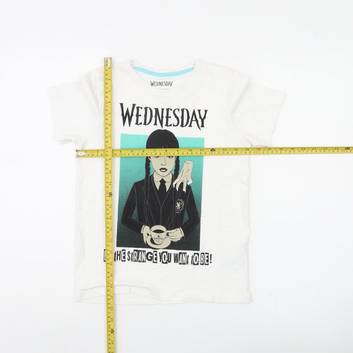 Wednesday Girls White Graphic T-Shirt 11-12 Years Gothic Casual Tee
