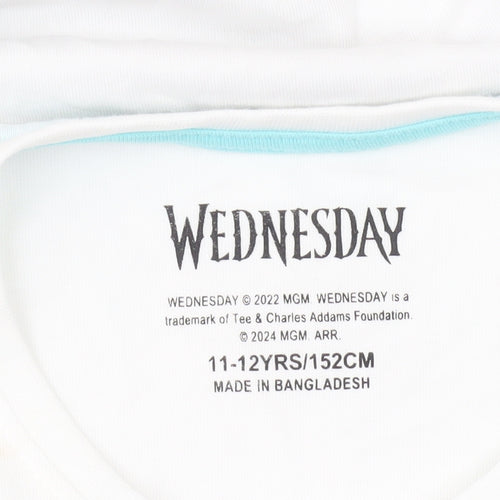 Wednesday Girls White Graphic T-Shirt 11-12 Years Gothic Casual Tee
