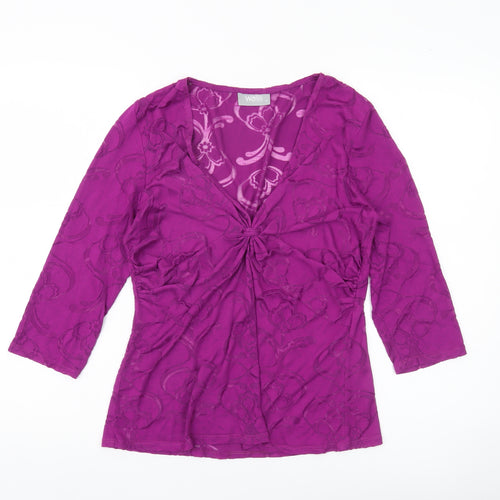 Wallis Womens Purple Floral Mesh Wrap Blouse Size 14 3/4 Sleeve