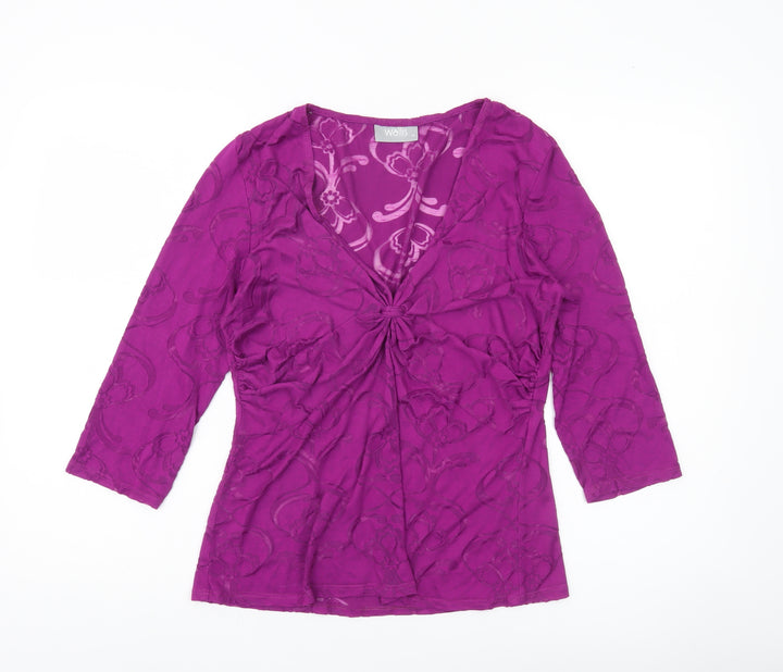 Wallis Womens Purple Floral Mesh Wrap Blouse Size 14 3/4 Sleeve