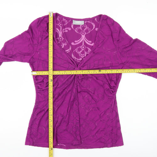 Wallis Womens Purple Floral Mesh Wrap Blouse Size 14 3/4 Sleeve