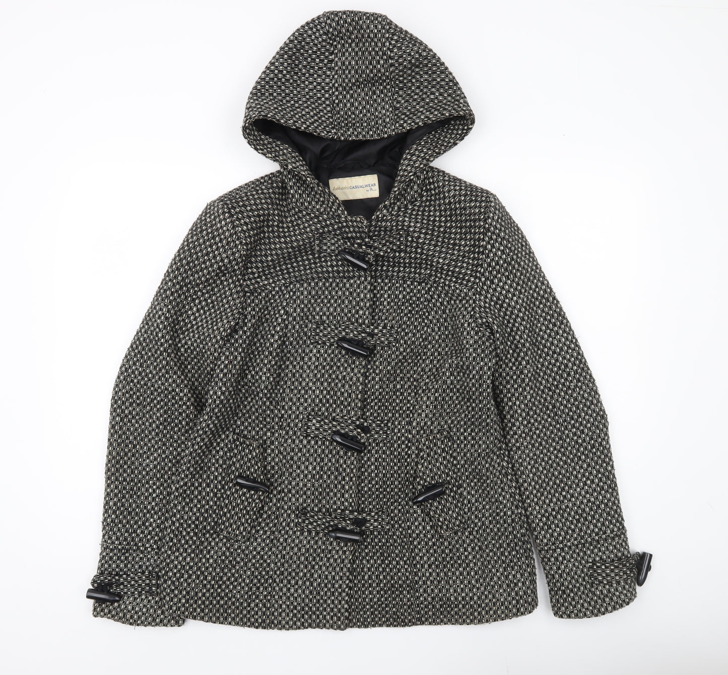 BHS Womens Black White Wool Blend Hooded Duffle Coat Size 12