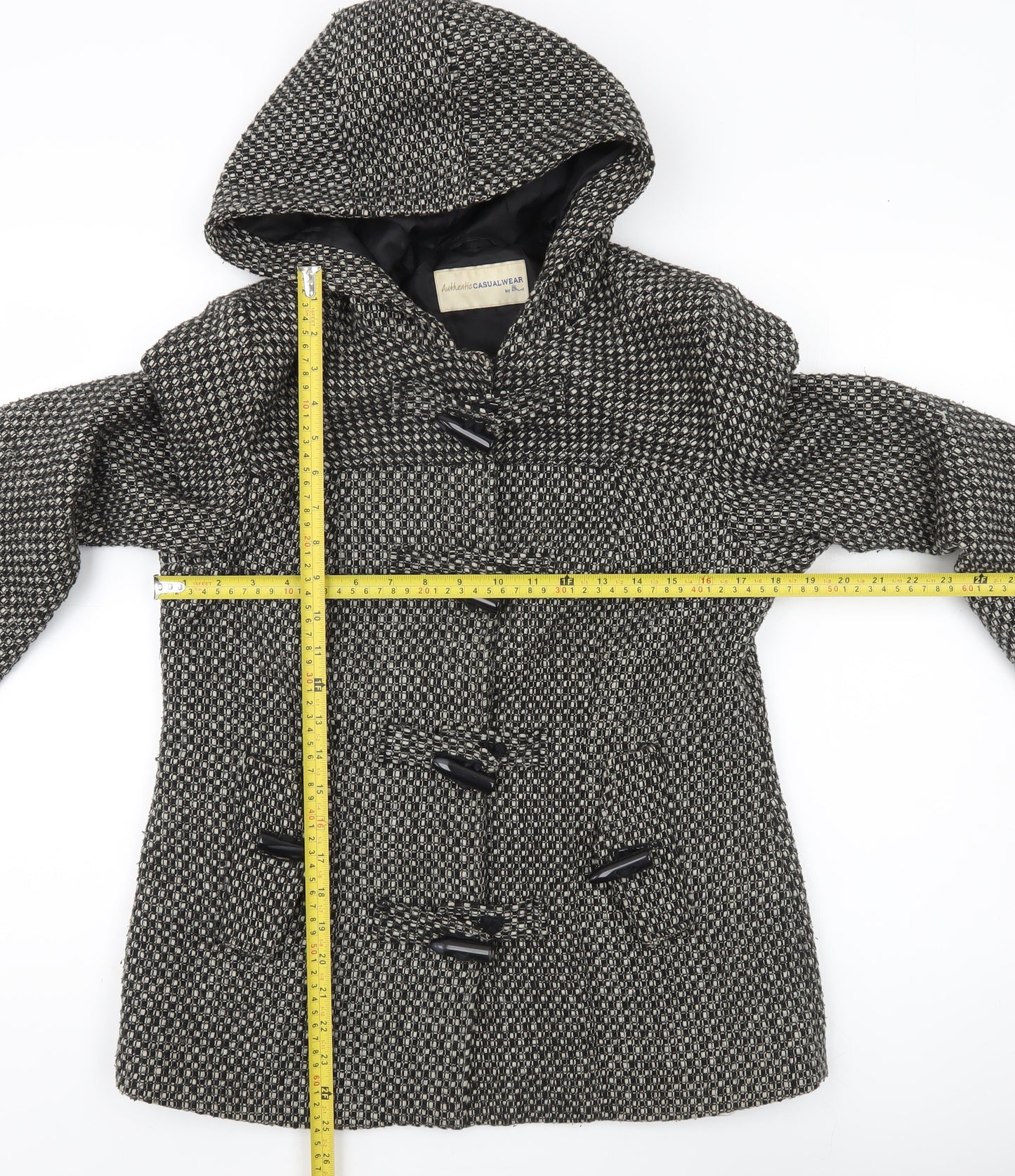 BHS Womens Black White Wool Blend Hooded Duffle Coat Size 12