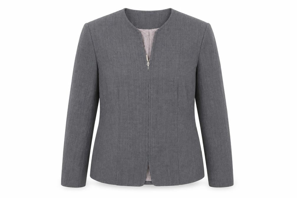 Front view of J Taylor Women’s Grey Zip Blazer Jacket, size UK 16, Wool Blend Workwear