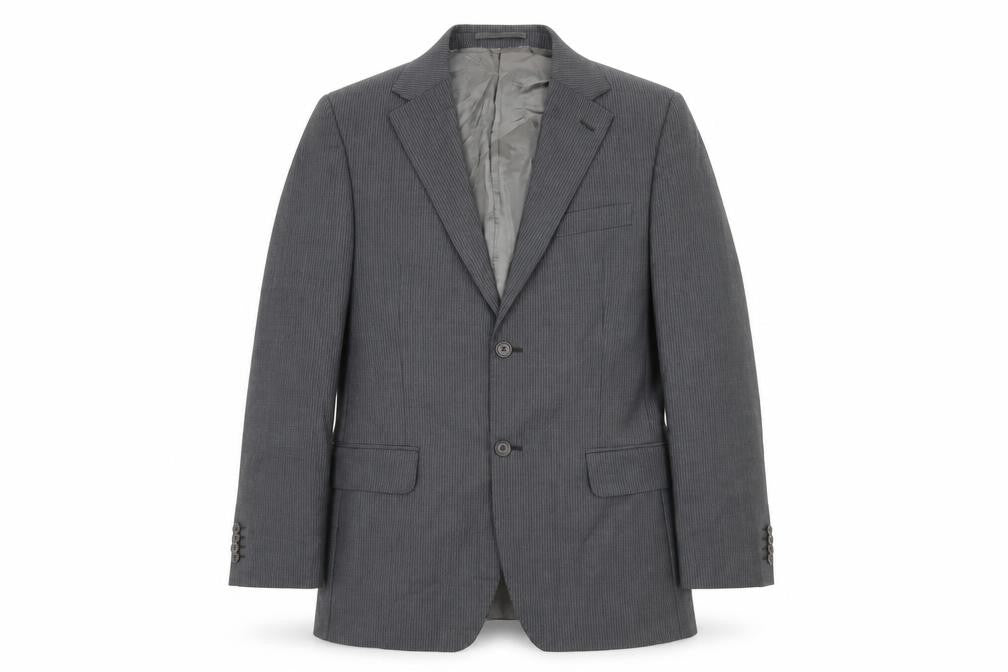 Front view of Rochas Paris Men's Grey Wool Pinstripe Blazer Jacket, size 48