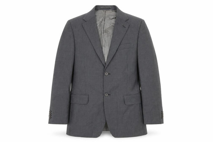 Front view of Rochas Paris Men's Grey Wool Pinstripe Blazer Jacket, size 48