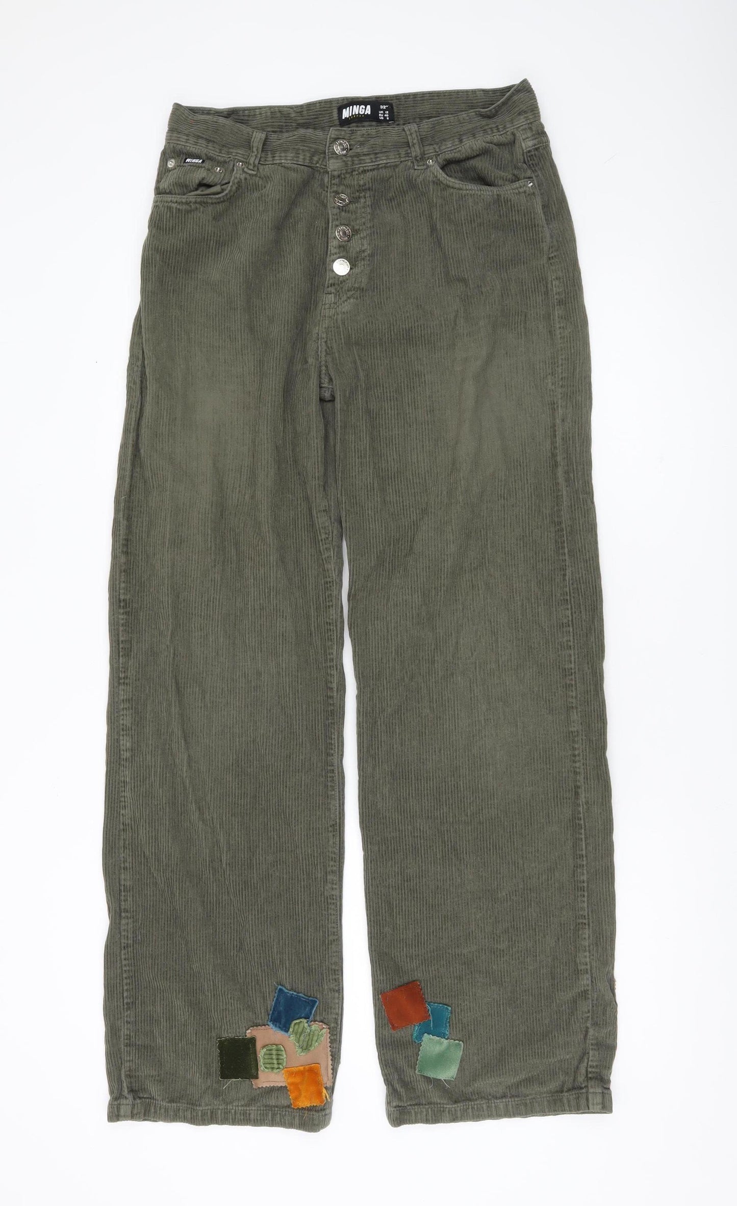 Minga London Women’s Green Corduroy Patchwork Straight Trousers Size 12