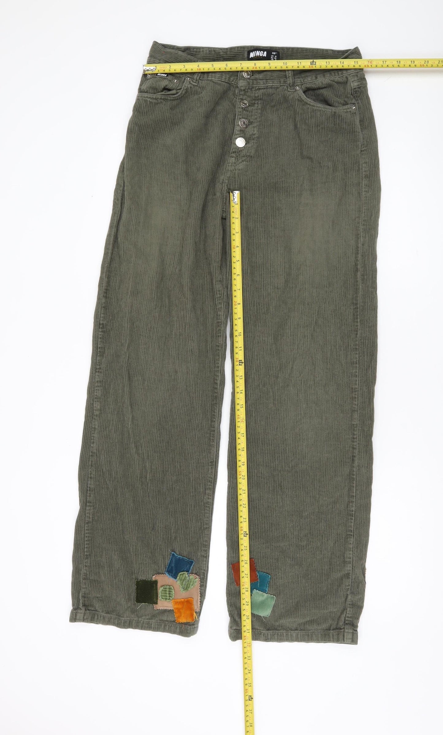 Minga London Women’s Green Corduroy Patchwork Straight Trousers Size 12