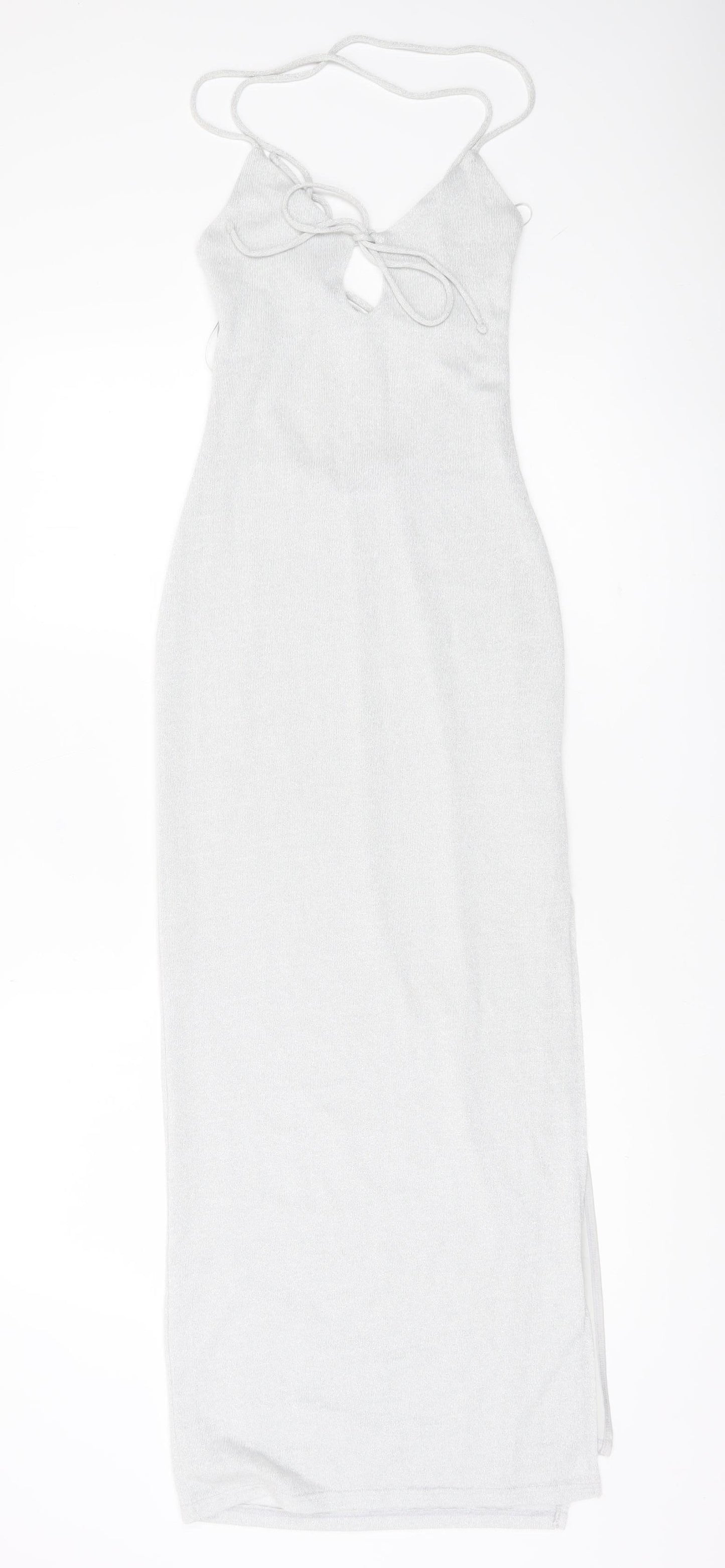 Bershka Women’s Silver XS Bodycon Midi Halter Lace Up Party Dress