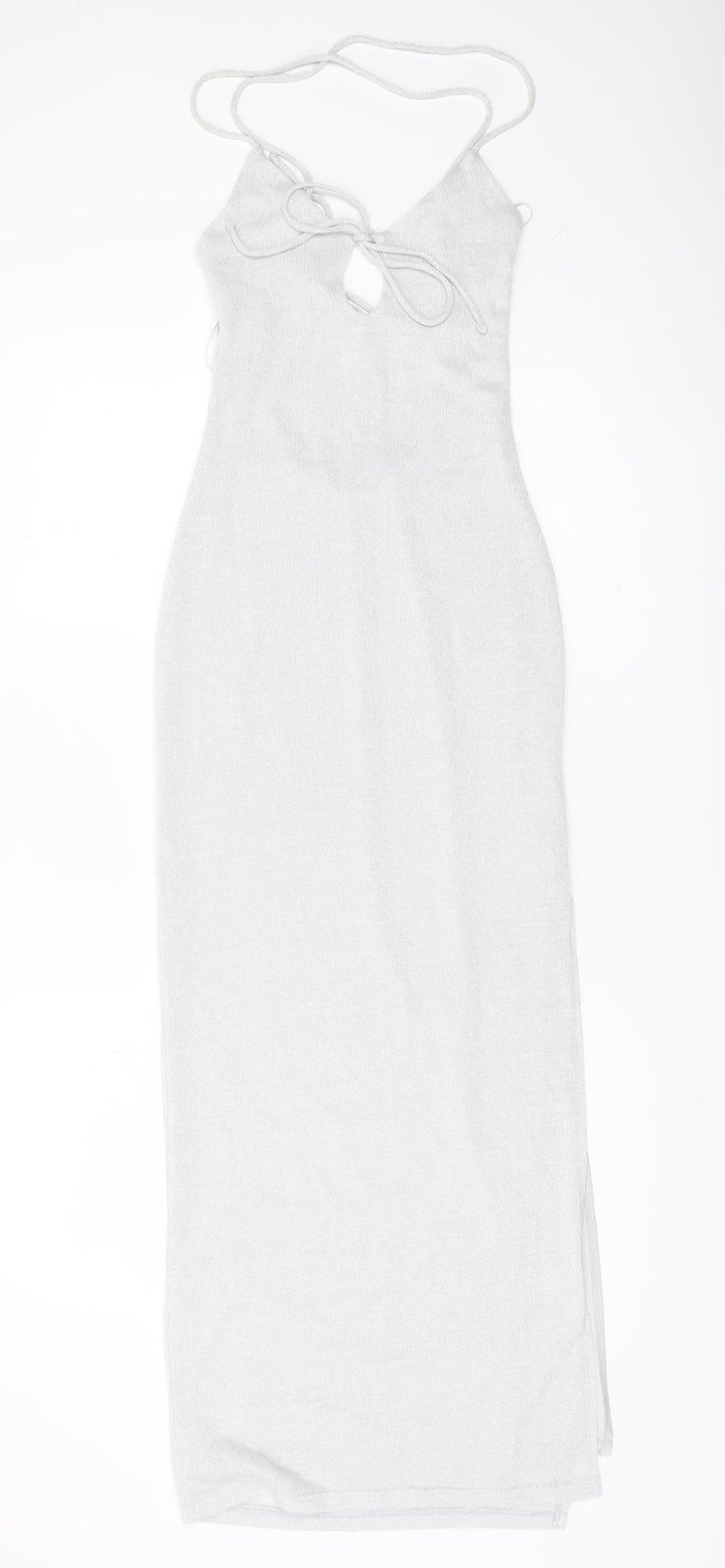 Bershka Women’s Silver XS Bodycon Midi Halter Lace Up Party Dress