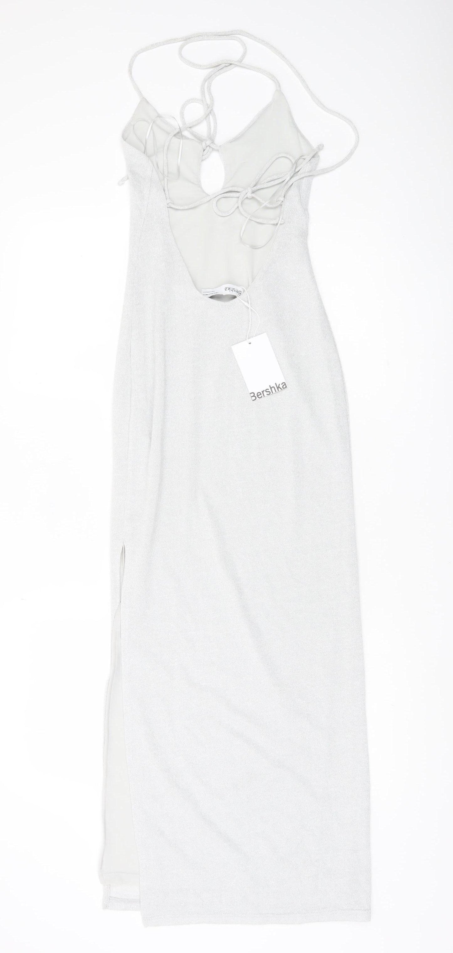 Bershka Women’s Silver XS Bodycon Midi Halter Lace Up Party Dress