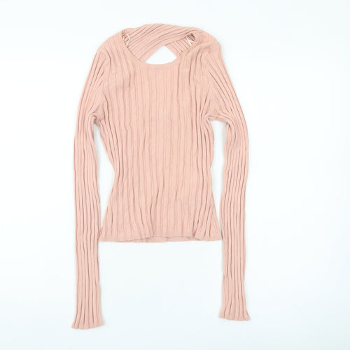 Brave Soul Women’s Pink Ribbed Knit Slim Fit Long Sleeve Pullover Jumper Size M