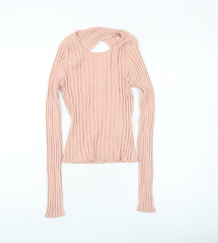 Brave Soul Women’s Pink Ribbed Knit Slim Fit Long Sleeve Pullover Jumper Size M