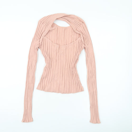 Brave Soul Women’s Pink Ribbed Knit Slim Fit Long Sleeve Pullover Jumper Size M