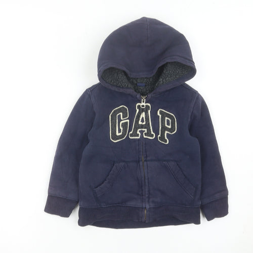 GAP Boys Blue Full Zip Hoodie 3-4 Years Logo Fleece Lined