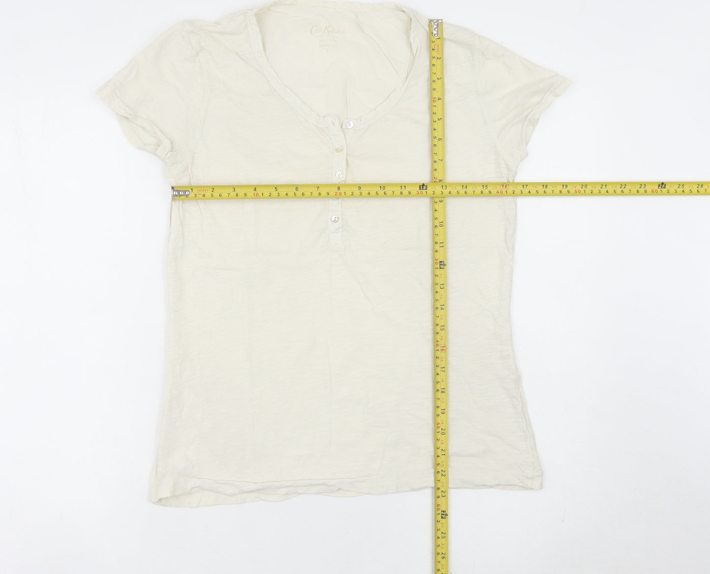 Cath Kidston Women Ivory Cotton Scoop Neck Button T-Shirt L