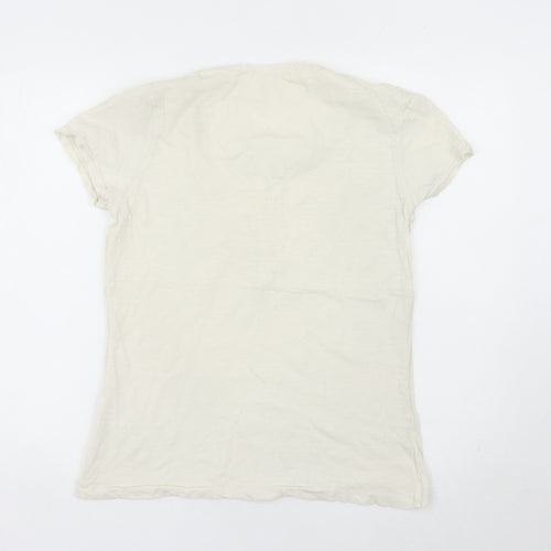 Cath Kidston Women Ivory Cotton Scoop Neck Button T-Shirt L