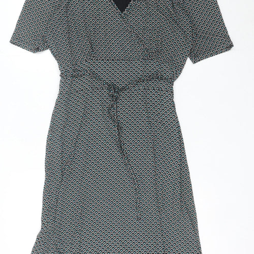 King Louie Womens Black XL Viscose Wrap Dress Geometric Knee Length
