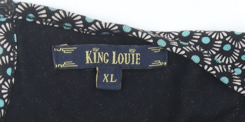 King Louie Womens Black XL Viscose Wrap Dress Geometric Knee Length