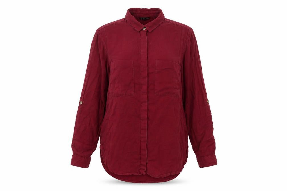 Front view of Warehouse women’s red long sleeve cotton button-up shirt uk 10
