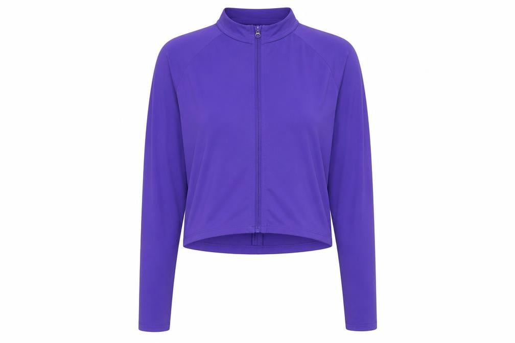 Front view of H&M Move women’s purple track jacket, size UK 14, cropped slim fit
