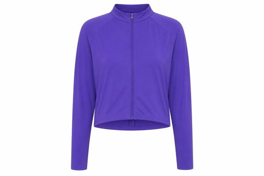 Front view of H&M Move women’s purple track jacket, size UK 14, cropped slim fit