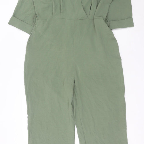 Zara Women Green L V-Neck Jumpsuit 3/4 Sleeve Straight Leg