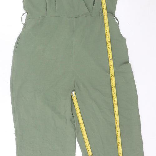 Zara Women Green L V-Neck Jumpsuit 3/4 Sleeve Straight Leg
