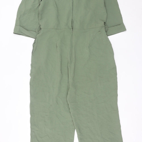 Zara Women Green L V-Neck Jumpsuit 3/4 Sleeve Straight Leg