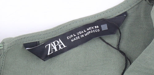 Zara Women Green L V-Neck Jumpsuit 3/4 Sleeve Straight Leg