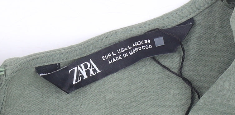 Zara Women Green L V-Neck Jumpsuit 3/4 Sleeve Straight Leg