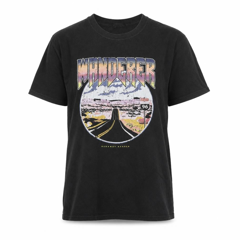 Front view of PRETTYLITTLETHING women’s black graphic wanderer t-shirt, size S