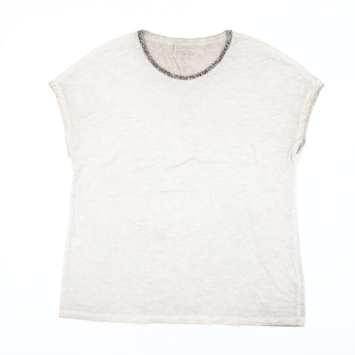 Hauber Women Ivory Beaded Crew Neck Cotton T-Shirt L