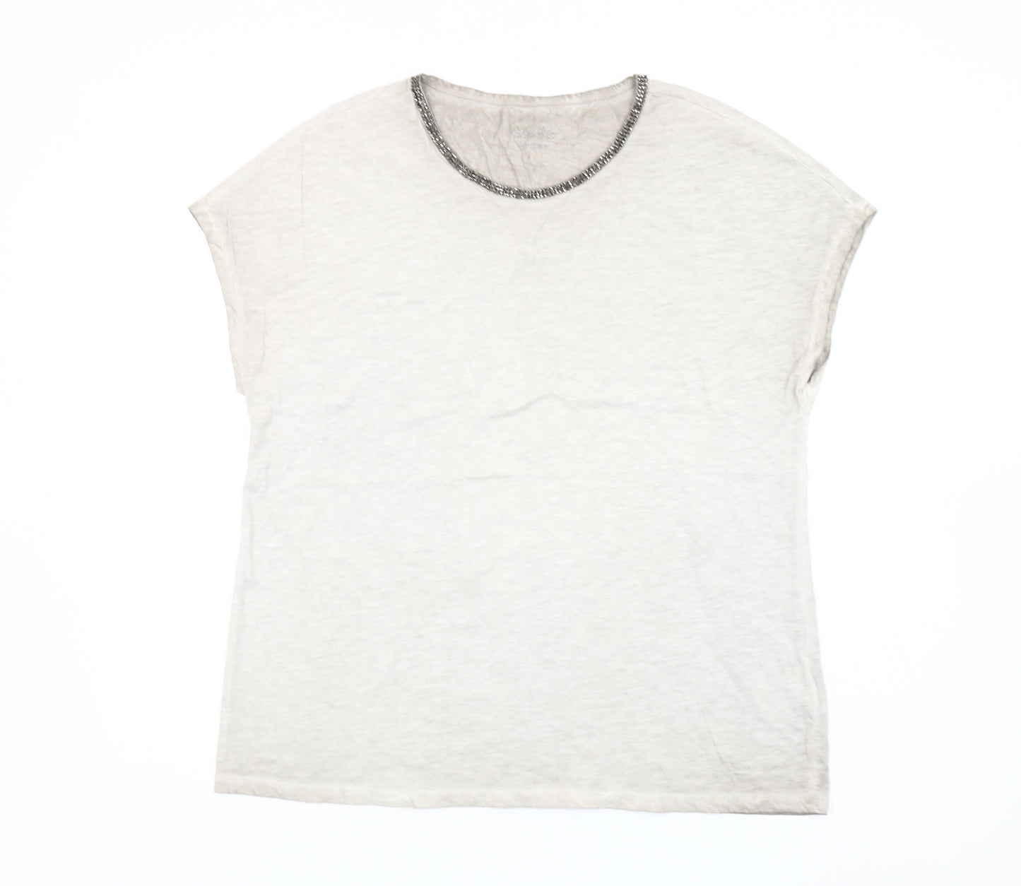 Hauber Women Ivory Beaded Crew Neck Cotton T-Shirt L