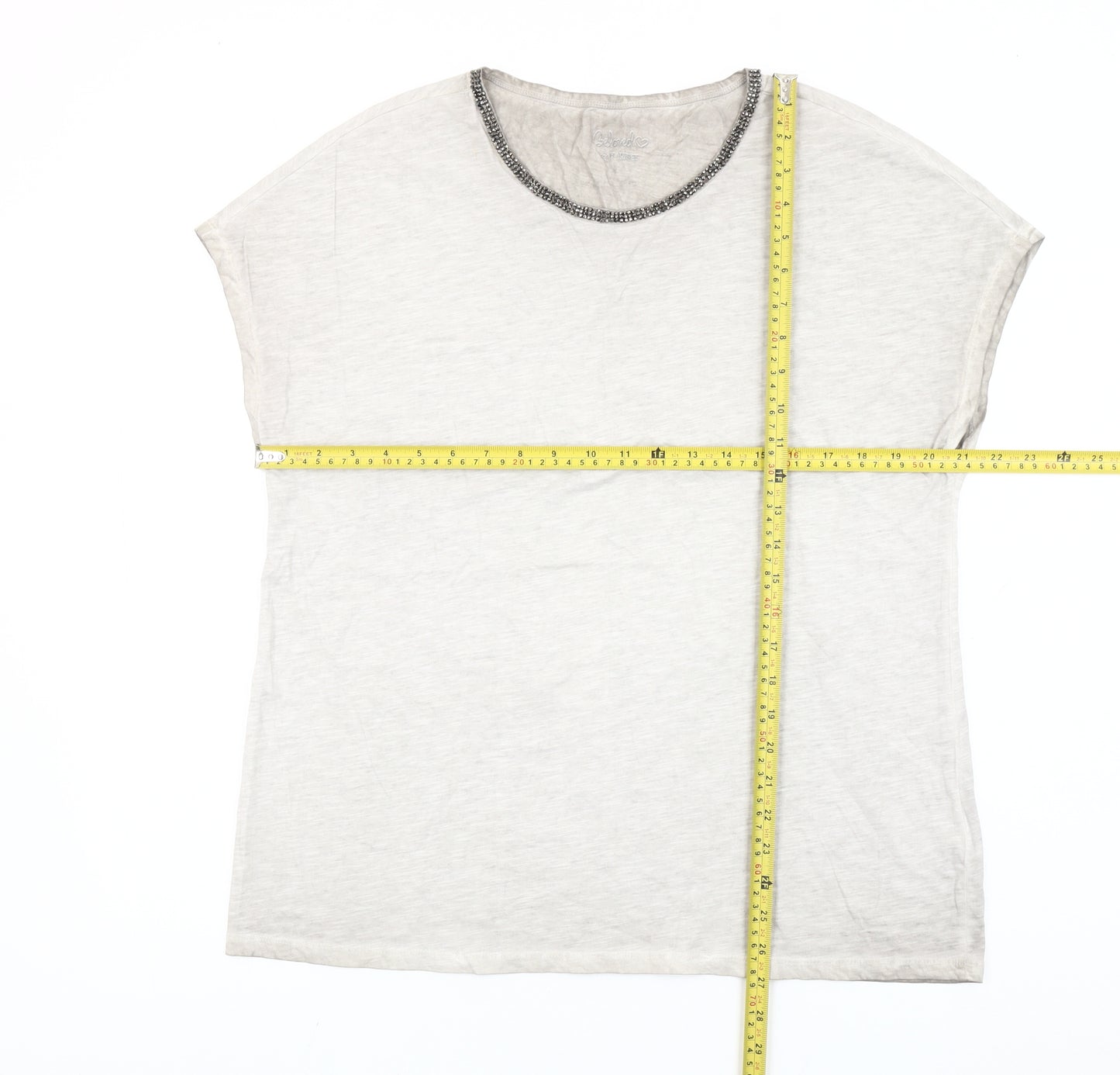 Hauber Women Ivory Beaded Crew Neck Cotton T-Shirt L