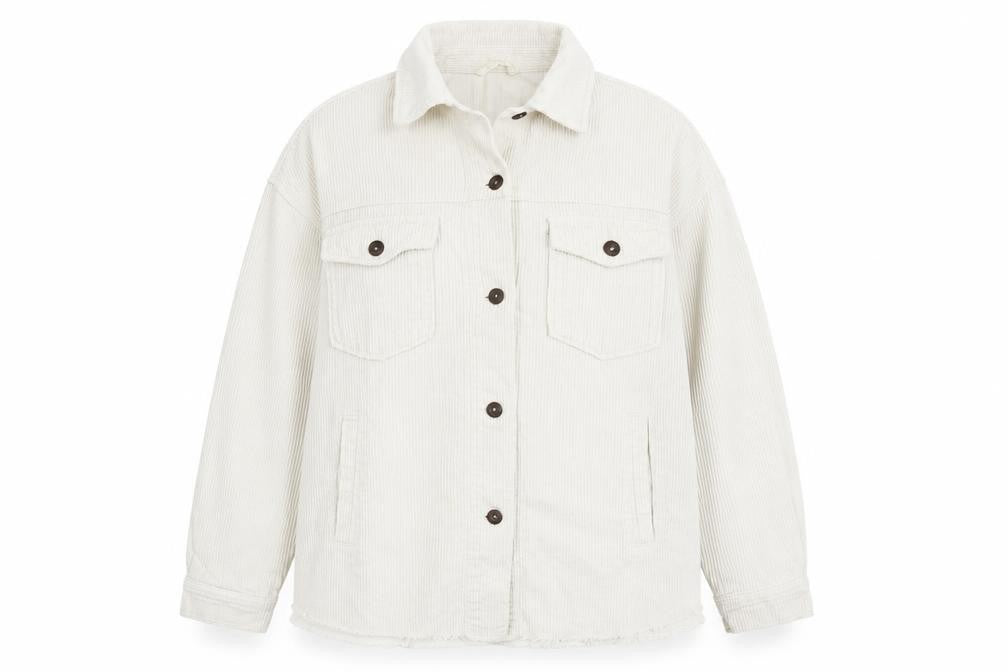 Front view of Zara Women White Cotton Corduroy Jacket, size S, Casual Button Front