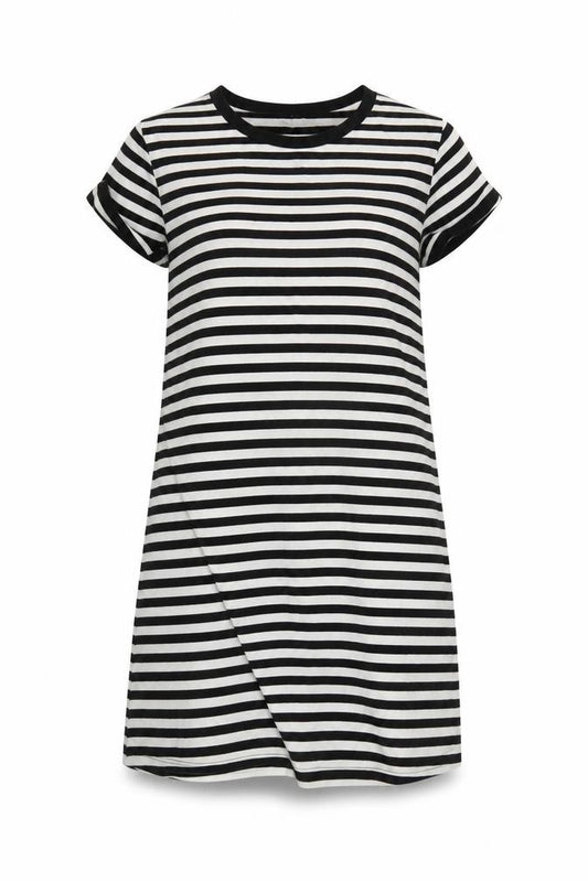 Front view of Divided Women’s Black White Striped T-Shirt Dress, size UK 8