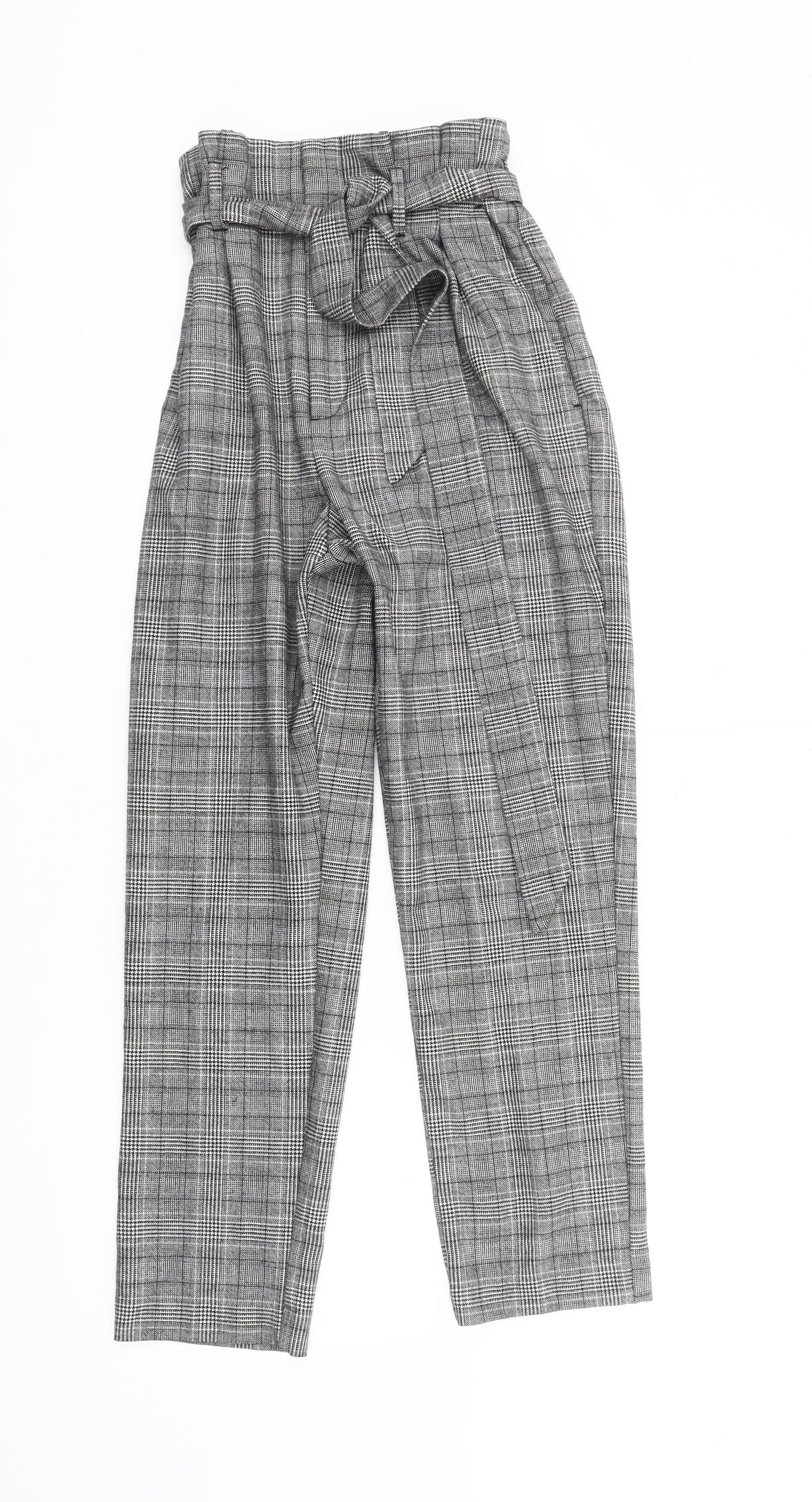 H&M Womens Grey Check Paperbag Tapered Trousers Size 8