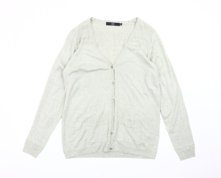 Isle Essentials Women’s Grey Cardigan Size 14 V-Neck Knit Long Sleeve