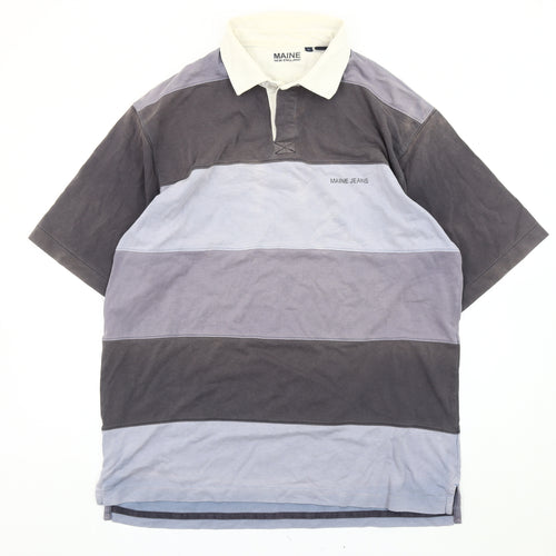 Maine New England Men’s Grey Blue Striped Polo Shirt Size L Cotton