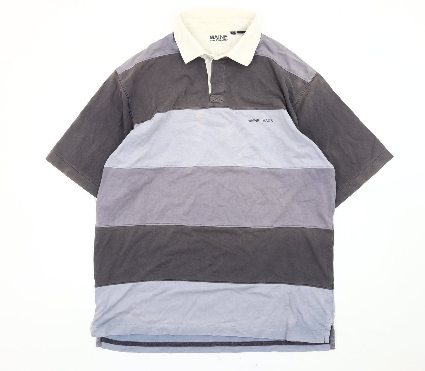 Maine New England Men’s Grey Blue Striped Polo Shirt Size L Cotton