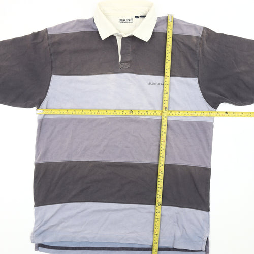 Maine New England Men’s Grey Blue Striped Polo Shirt Size L Cotton