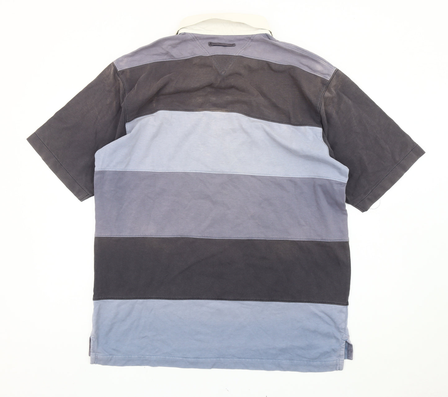 Maine New England Men’s Grey Blue Striped Polo Shirt Size L Cotton